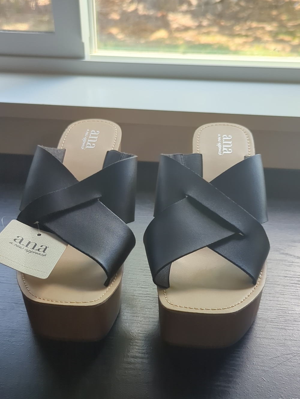 a.n.a Black Crisscross Platform Slide Sandals with Tan Footbed